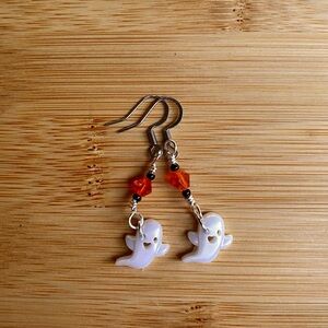Handmade Resin Ghost Earrings with Orange Accents and Stainless Steel Ear Hooks